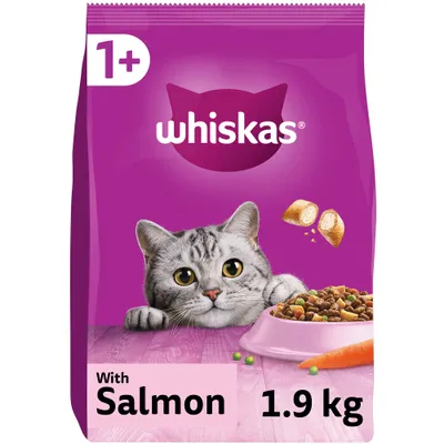 Dry food with salmon, 1.9 kg pack, suitable for cats aged 1 year and older, shown with kibble pieces and a bowl.