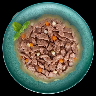 Chunks of meat in gravy with small pieces of carrot and white vegetable served on a plate, garnished with basil leaves.