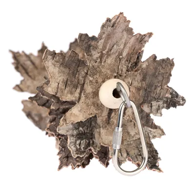 Accessoire en écorce naturelle avec perle en bois et mousqueton métallique argenté, vu de face. Aucun texte ou marque visible.