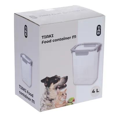 TIAKI Food Container M, 4L inhoud. Afgebeeld: transparante container met deksel en dierenafbeeldingen (hond, kat, papegaai) op de verpakking.