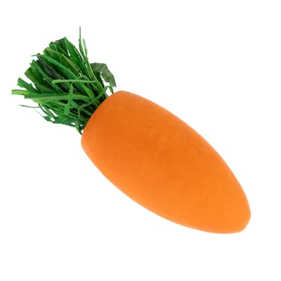 Jouet en forme de carotte avec corps orange et feuilles vertes, matériau plastique ou caoutchouc visible, sans marque apparente.