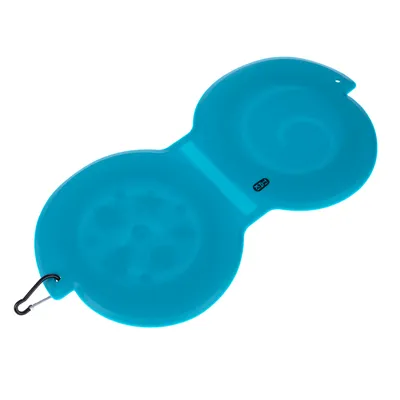 Gamelle pliable en silicone bleue avec mousqueton et surface texturée.