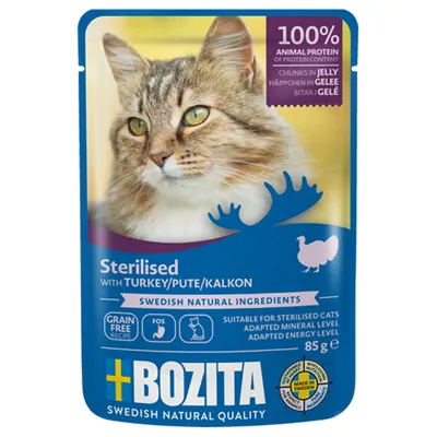 Bozita Sterilised with turkey in jelly, 100% animal protein, grain-free, suitable for sterilised cats, Swedish natural ingredients, 85g, made in Sweden.