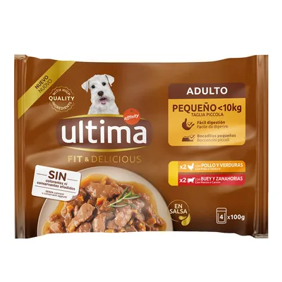 Ultima Fit & Delicious for small dogs under 10kg, 4x100g in gravy. No colourants or preservatives. With chicken and vegetables, and beef and carrots.