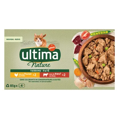 Ultima Nature Terrine Paté, 85g x4. Z kurczakiem x2 i wołowiną x2. Bez dodatku barwników i konserwantów.