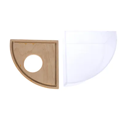 Semi-circular wooden panel with hole and transparent plastic cover, suitable for modular pet furniture or accessories.