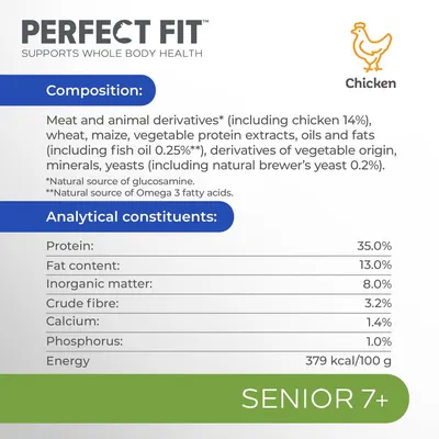 PERFECT FIT Chicken. Sammensætning: kød og animalske biprodukter (heraf kylling 14 %), hvede, majs, vegetabilske proteinekstrakter, olier og fedtstoffer. Protein 35 %, fedt 13 %, energi 379 kcal/100 g.