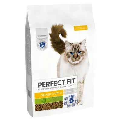 Bag labelled Perfect Fit Sensitive 1+, supports whole body health, rich in turkey, total 5 benefits, made with high quality ingredients, suitable for sensitive needs.