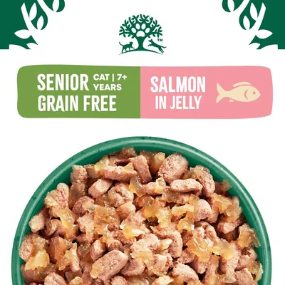 Senior cat food for ages 7 and over, grain free, salmon in jelly, shown in a bowl.