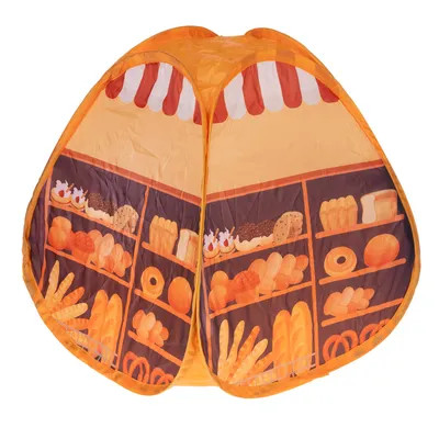 Spielzelt mit Bäckerei-Motiv, Regale voller gezeichneter Brote, Brötchen und Gebäck. Orangefarbenes Design mit rot-weissem Dachstreifen.