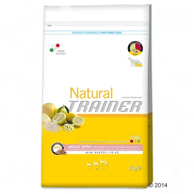 Sac Natural Trainer Super Premium Adult Mini, 3 kg, pentru rase mici sub 10 kg. Text vizibil: Made in Italy, alimento funzionale, functional food, NPS, mini breeds <10 kg.