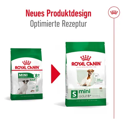 Royal Canin Mini Adult 8+ neues Produktdesign und optimierte Rezeptur. Vergleich der alten und neuen Verpackung mit Hundebild und Gewichtserhalt-Info.