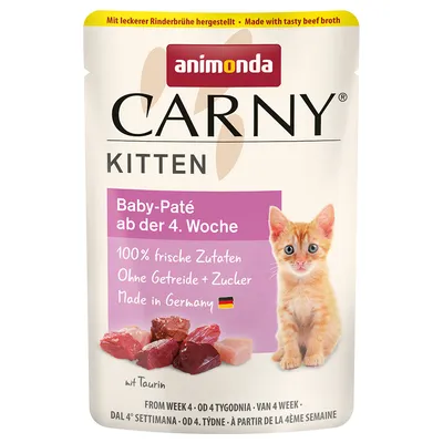 Animonda Carny Kitten Baby-Paté od 4. týždňa, 100% čerstvé ingrediencie, bez obilnín a cukru, vyrobené v Nemecku, s taurínom, s chutným hovädzím vývarom.