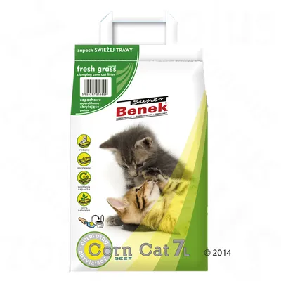 Super Benek Corn Cat 7L, friss fű illatú csomósodó kukorica macskaalom, két cica képe a csomagoláson, piktogramok: kiadós, csomósodó, szagmegkötő, 100% természetes