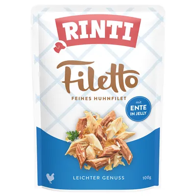 Rinti Filetto Feines Huhnfilet mit Ente in Jelly, Leichter Genuss, sachet de 100 g. Texte en allemand et anglais sur l'emballage.