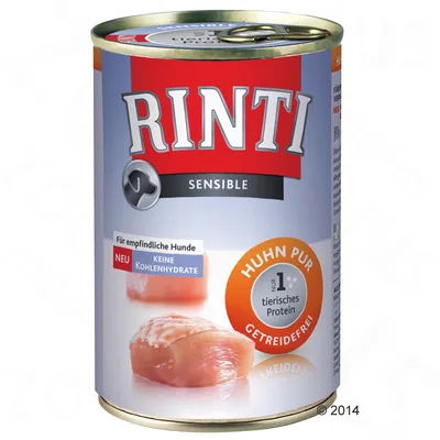 Rinti Sensible Huhn Pur natvoer voor honden, geen koolhydraten, alleen dierlijk eiwit, graanvrij. Tekst: Für empfindliche Hunde, keine Kohlenhydrate, nur 1 tierisches Protein.