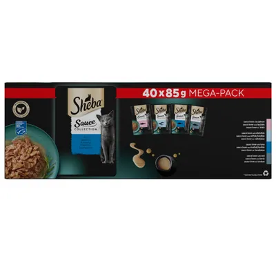 Sheba Sauce Collection mega-pack, 40 x 85g pouches shown in four varieties with a bowl of food and sauce. Visible text highlights flavours included in the pack.