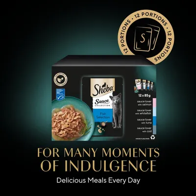 Sheba Sauce Collection Fish Selection, 12 portions of 85g each. Includes salmon, whitefish, tuna, and cod varieties. Text: For many moments of indulgence. Delicious meals every day.