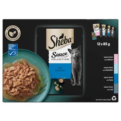 Sheba Sauce Collection Fish Selection, 12 x 85g. Includes sauce lover with salmon, whitefish, tuna, and cod. Certified sustainable seafood. 100% recyclable paper packaging.