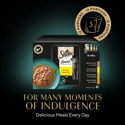 Sheba Sauce Collection Poultry Selection, 12 portions of 85g each. Flavours: duck, chicken, poultry, turkey. Text: For many moments of indulgence. Delicious meals every day.