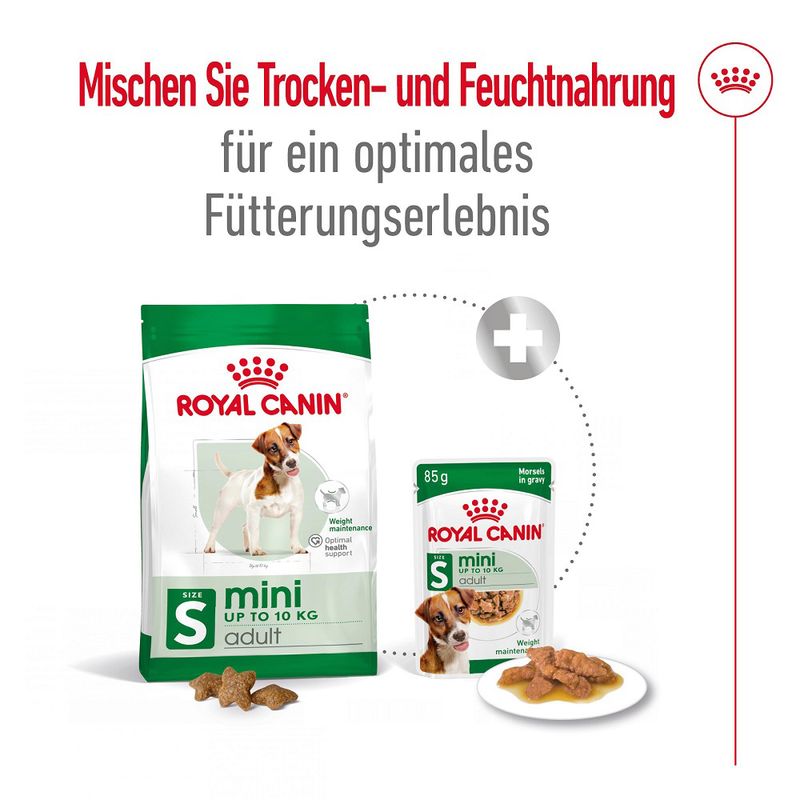 Royal Canin Mini Adult сухой и влажный корм для собак до 10 кг. Рекомендация: комбинировать для оптимального кормления. Видимые упаковки: 85 г и размер S.