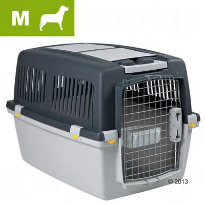 Transporter z plastiku i metalu, rozmiar M dla psa, szare i czarne elementy, kratka z przodu, zamknięcie boczne, widoczne oznaczenie M z sylwetką psa w lewym górnym rogu.