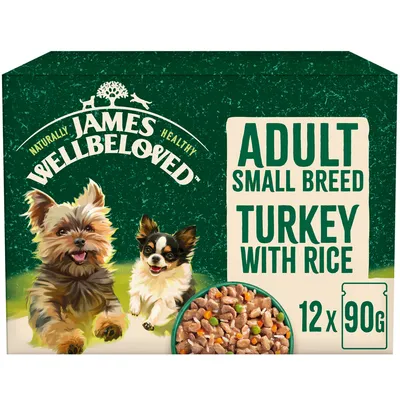 Adult small breed turkey with rice, 12 packs of 90g each. Image shows food pieces and two small dogs.