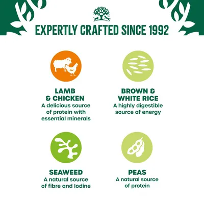 Expertly crafted since 1992. Lamb and chicken: source of protein with minerals. Brown and white rice: digestible energy. Seaweed: fibre and iodine. Peas: natural protein.