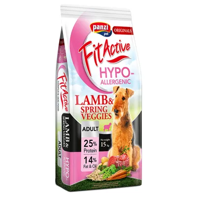Panzi Pet FitActive Hypoallergenic Adult hundfoder med lamm och vårgrönsaker, 25% protein, 14% fett och olja, nettovikt 15 kg.