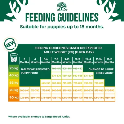 Feeding guidelines chart for puppies up to 18 months, showing daily gram amounts by age and expected adult weight from 25 kg to 90 kg. Advises change to large breed food at certain ages.