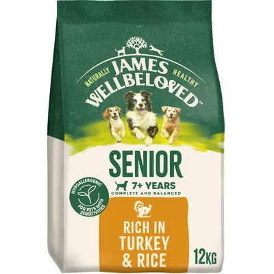 Senior 7+ years complete and balanced food, hypoallergenic for pets with sensitivities, rich in turkey and rice, 12kg.