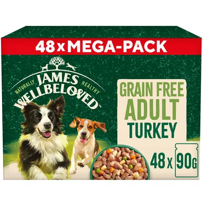 48 pack grain free adult turkey, 90g each. Product box shows food with vegetables and key features: grain free, adult, turkey.