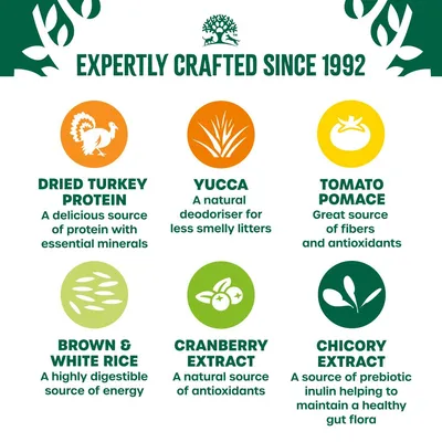 Key ingredients: dried turkey protein, yucca, tomato pomace, brown and white rice, cranberry extract, chicory extract. Benefits include protein, minerals, antioxidants, energy, gut health.