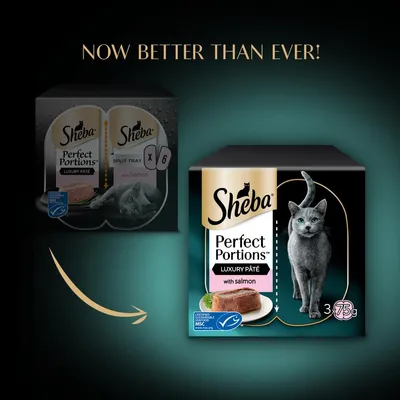 Comparison of old and new Sheba Perfect Portions Luxury Paté with salmon packaging, highlighting improved product with 3 x 75g portions. Text reads: Now better than ever.
