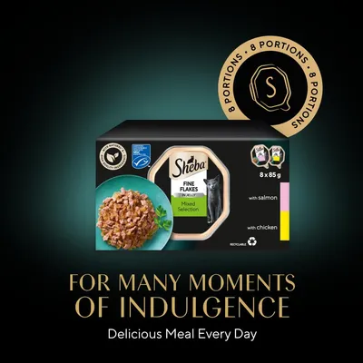 Sheba Fine Flakes in Jelly Mixed Selection, 8 portions of 85g with salmon and chicken. Text: For many moments of indulgence. Delicious meal every day.