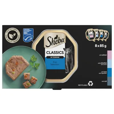 Sheba Classics in Terrine Fish Selection, 8 x 85g, with salmon, whitefish and carrots, tuna and vegetables, and cod. Certified sustainable seafood. Recyclable packaging.