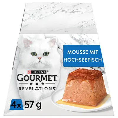 Purina Gourmet Revelations Mousse with ocean fish, 4x57g. Packaging shows a white cat and a served piece of mousse with sauce.