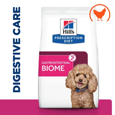Digestive care product labelled Gastrointestinal Biome, Prescription Diet. Image shows a small curly-haired dog and a chicken icon.
