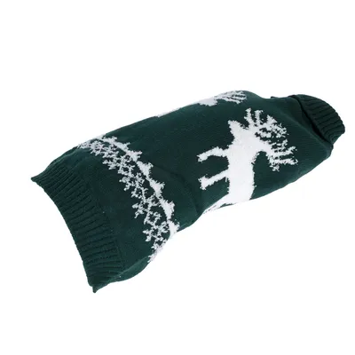 Grüner gestrickter Pullover mit weissem Rentiermotiv und Schneeflockenmuster, geeignet für Haustiere.