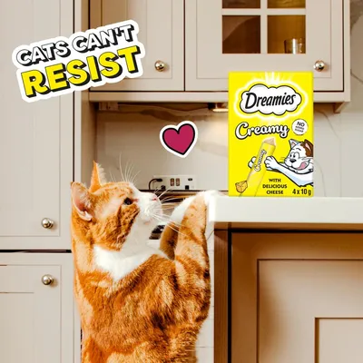 Cat reaching for Dreamies Creamy with Delicious Cheese treats, packaging shown on kitchen counter. Text reads: 'Cats can't resist'. Heart symbol between cat and product.