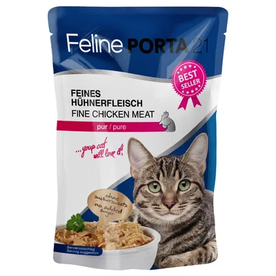 Feline Porta 21 jemné kuracie mäso, čisté. Bez pridaného cukru. Servírovací návrh: miska s kuracím mäsom. Viditeľné ocenenie Best Seller.