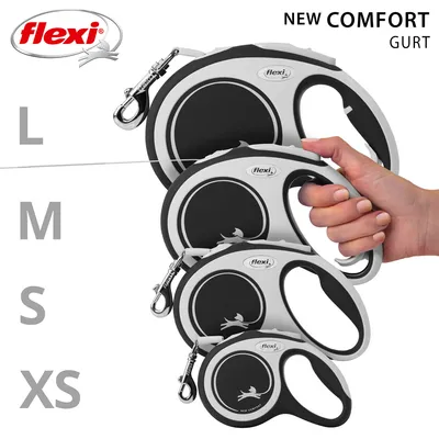 Flexi New Comfort Gurt, διαθέσιμο σε μεγέθη XS, S, M και L. Εμφανίζονται διάφορα μοντέλα με εργονομική λαβή και αναδιπλούμενο λουρί.