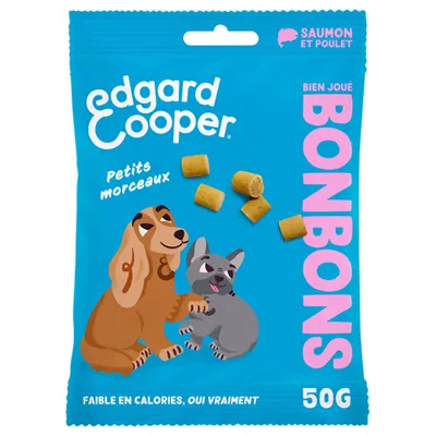 Edgard Cooper Bonbons, petits morceaux, saveur saumon et poulet, 50g, faible en calories. Illustration de chien et chat sur l’emballage.