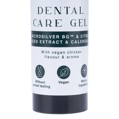 Dental Care Gel mit Microsilver BG, Citrus Seed Extract und Calendula. Vegan, ohne Tierversuche, natürliche Inhaltsstoffe, veganer Huhn-Geschmack.