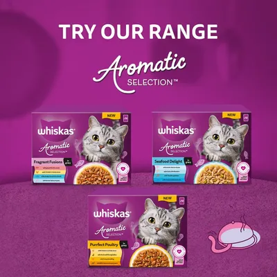 Whiskas Aromatic Selection range with Fragrant Fusions, Seafood Delight, and Purrfect Poultry varieties in gravy. Text: Try our range. Each box shows a cat image and product name.