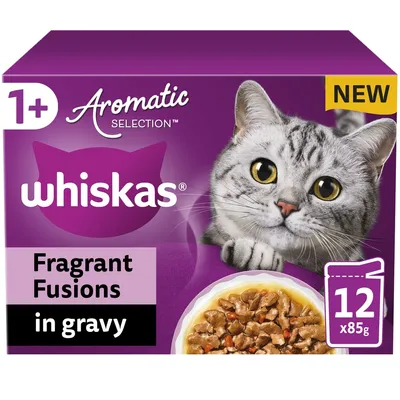 Whiskas Aromatic Selection Fragrant Fusions in gravy, 12 packs of 85g each, suitable for ages 1 and above. New product.