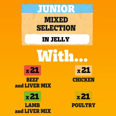 Junior mixed selection in jelly with 21 beef and liver mix, 21 lamb and liver mix, 21 chicken, and 21 poultry portions.