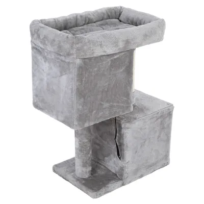 Árbol rascador gris de dos niveles, con cama acolchada arriba y cueva abajo. Con superficie rascadora de sisal en el lateral.