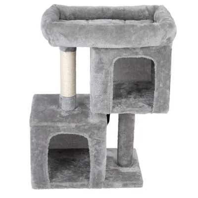 Árbol rascador gris con dos cuevas, una plataforma elevada y un poste rascador de sisal. Estructura de suave felpa.