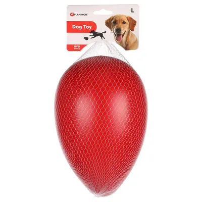 Flamingo Dog Toy, Ovo Range, size L, red toy in net packaging.